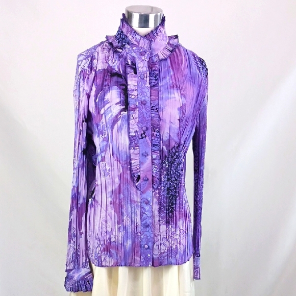 St.John Purple Floral Pleated Hi Neck Blouse.
